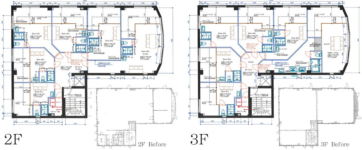 施工前後の図面（2階・３階客室部分）