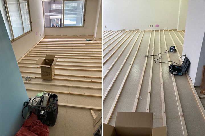 ダンススタジオ床下地施工中