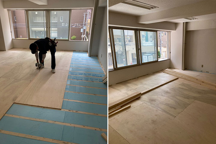 ダンススタジオ床スタイロホーム・ベニヤ施工中