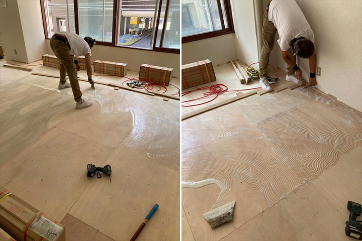 ダンススタジオ床フローリング施工中